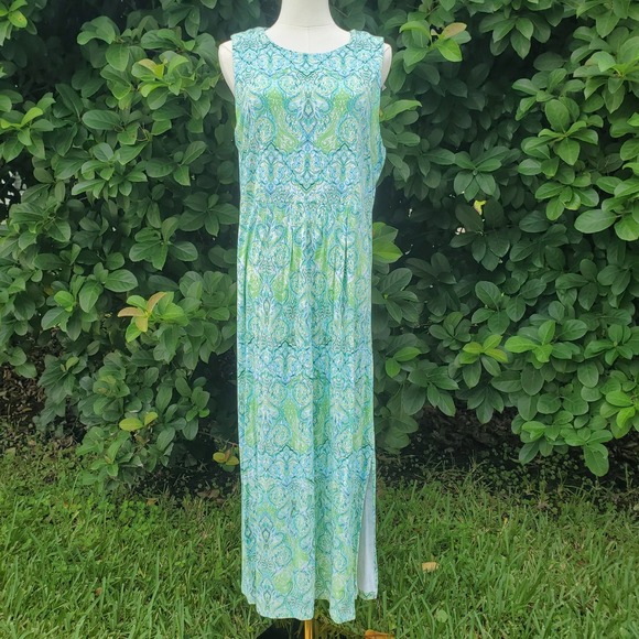 J. Jill Maxi Dress Women Large Green Paisley Stretch Sleeveless Boho Resort Tank - Picture 1 of 13
